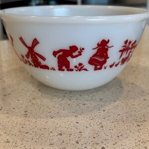 Vintage White Ceramic Mixing Bowl with Red Dutch Folk Pattern